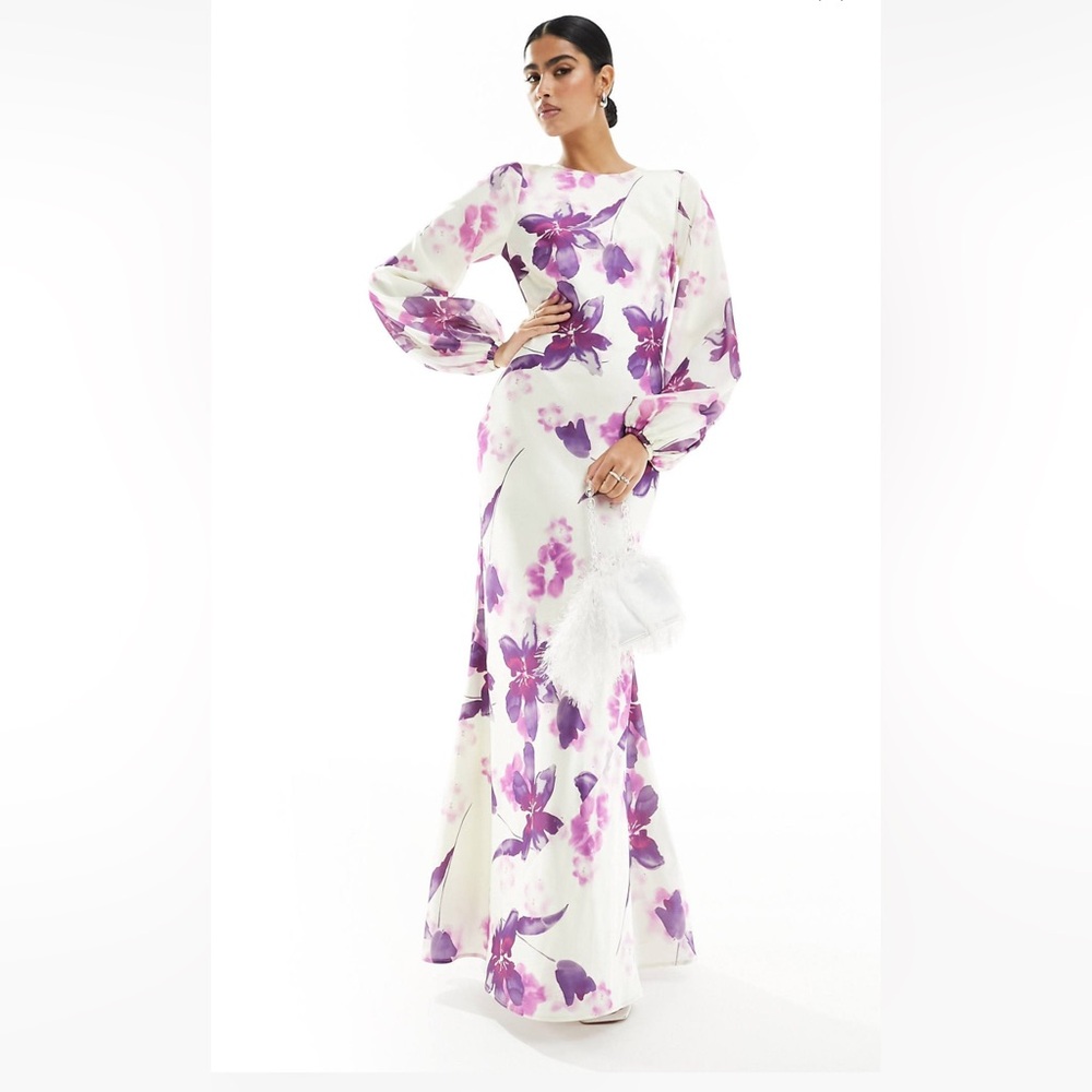 ASOS Contrast Sleeve Satin Bias Maxi Dress in White Based Floral